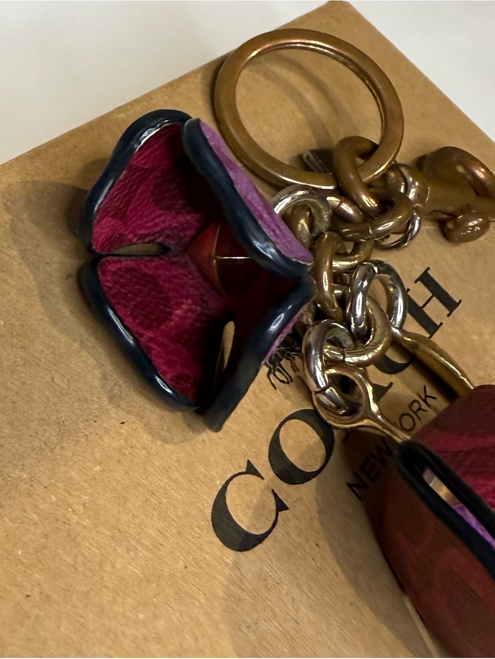Coach Pink and Red Leather Tea Rose Bag Charm Keychain with Gold Leaf Accent - Picture 4 of 6